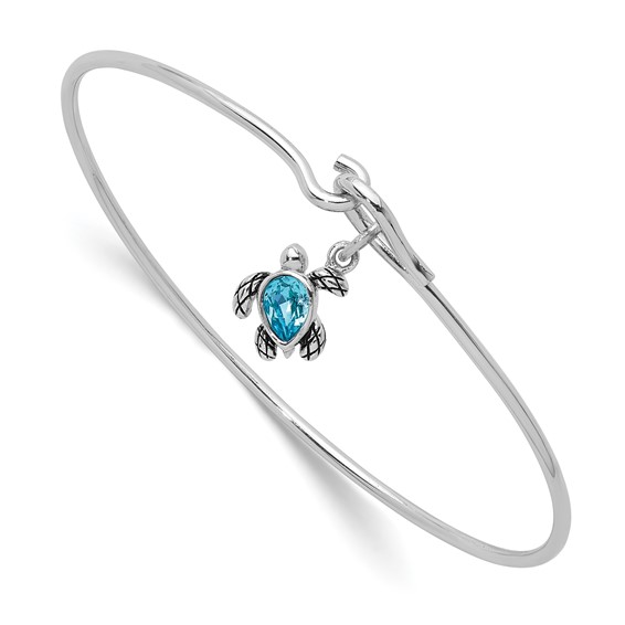 Sterling Silver Rhodium-plated Polished and Antiqued Thin Dangle Blue Crystal Turtle Hook Bangle