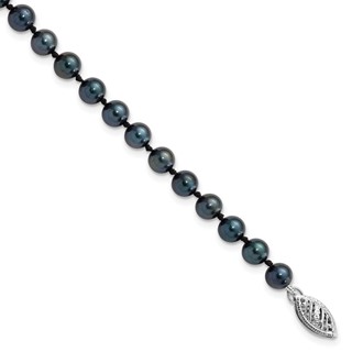 14k White Gold 5-6mm Black Round Saltwater Akoya Cultured Pearl 8 inch Bracelet