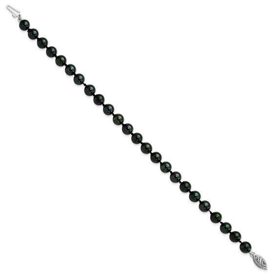 14k White Gold 6-7mm Black Round Saltwater Akoya Cultured Pearl 8 inch Bracelet