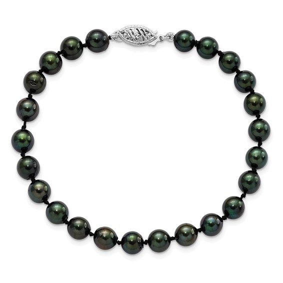 14k White Gold 6-7mm Black Round Saltwater Akoya Cultured Pearl 8 inch Bracelet