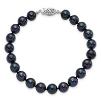 14K White Gold 7-8mm Black Round Akoya Saltwater Cultured Pearl Bracelet, 7" view 3