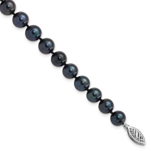 14K White Gold 7-8mm Black Round Akoya Saltwater Cultured Pearl Bracelet, 7"