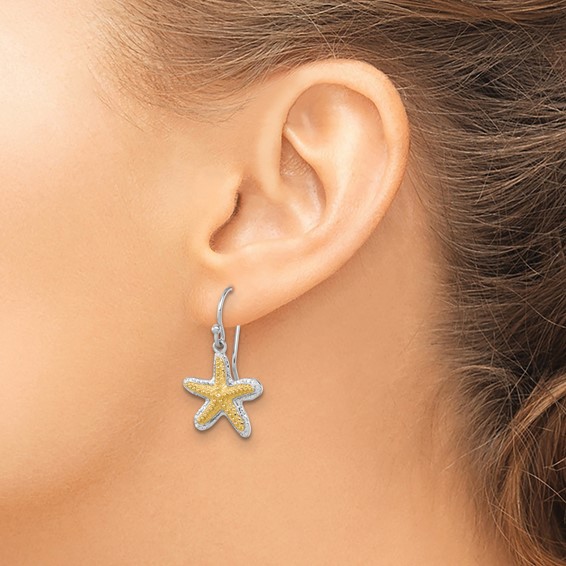Sterling Silver Rhodium-plated Polished Gold-tone Star Fish Dangle Earrings