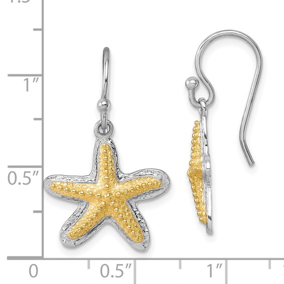Sterling Silver Rhodium-plated Polished Gold-tone Star Fish Dangle Earrings