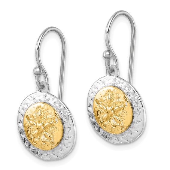 Sterling Silver Rhodium-plated Gold-tone Textured Sand Dollar Dangle Earrin