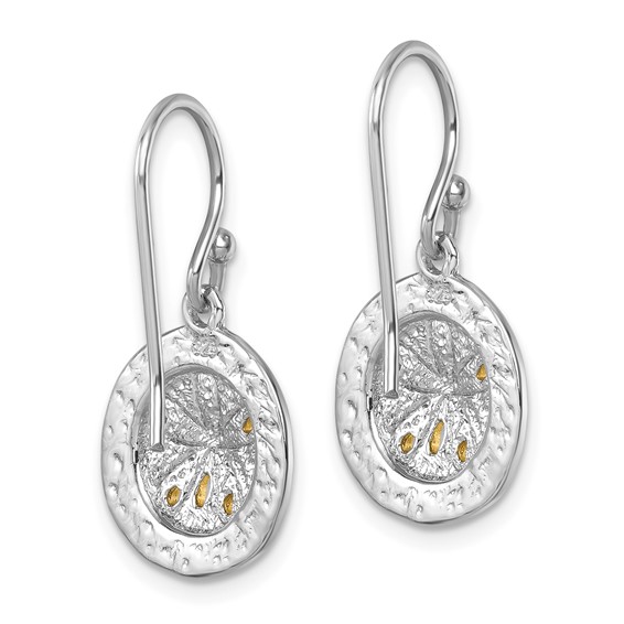 Sterling Silver Rhodium-plated Gold-tone Textured Sand Dollar Dangle Earrin