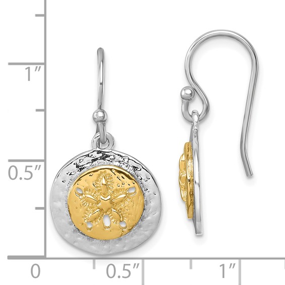 Sterling Silver Rhodium-plated Gold-tone Textured Sand Dollar Dangle Earrin