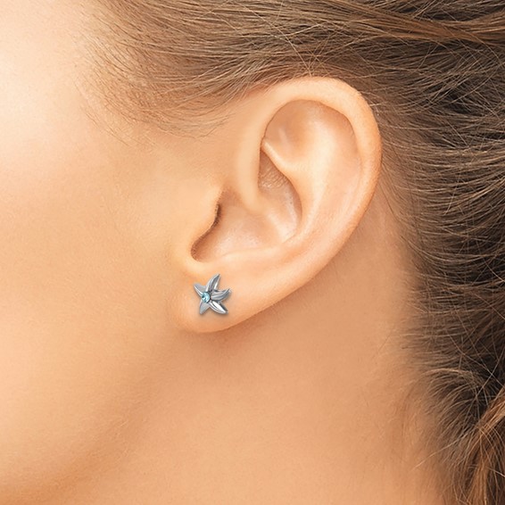 Sterling Silver Rhodium-plated Polished Crystal Starfish Post Earrings