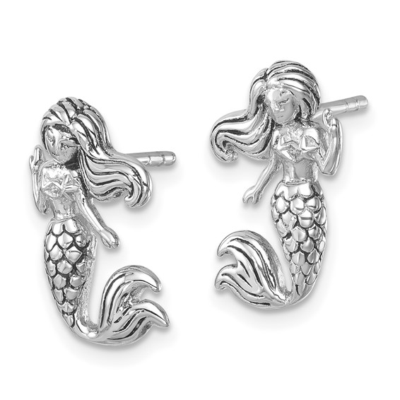 Sterling Silver Rhodium-Plated Antiqued Mermaid Earrings