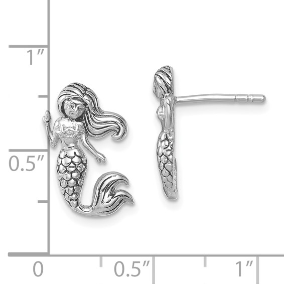 Sterling Silver Rhodium-Plated Antiqued Mermaid Earrings