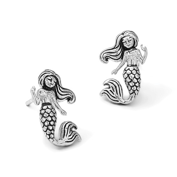Sterling Silver Rhodium-Plated Antiqued Mermaid Earrings