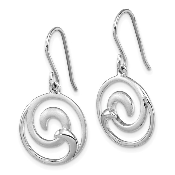 Sterling Silver Rhodium-Plated Polished and Brushed Double Wave Dangle Earrings