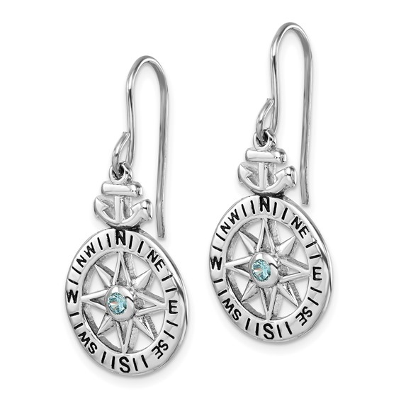 Sterling Silver Rhodium-Plated Polished CZ Compass Dangle Earrings