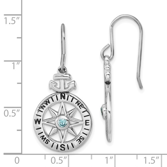 Sterling Silver Rhodium-Plated Polished CZ Compass Dangle Earrings