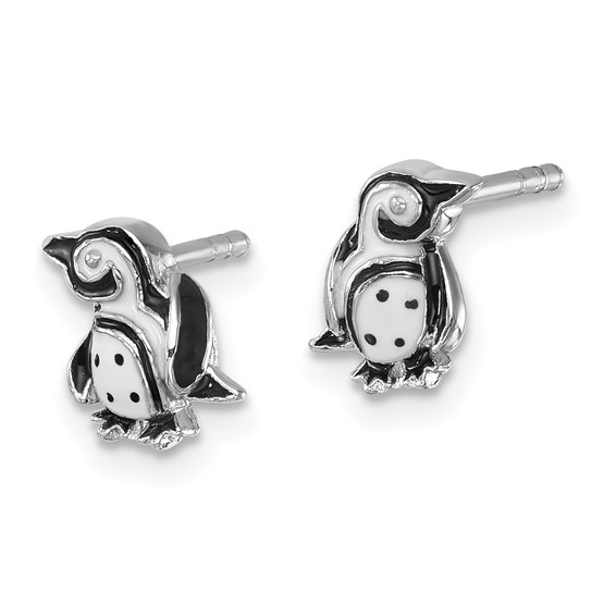 Sterling Silver Rhodium-plated Polished Enamel Penguin Post Earrings