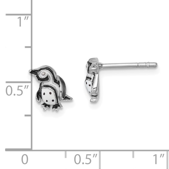 Sterling Silver Rhodium-plated Polished Enamel Penguin Post Earrings