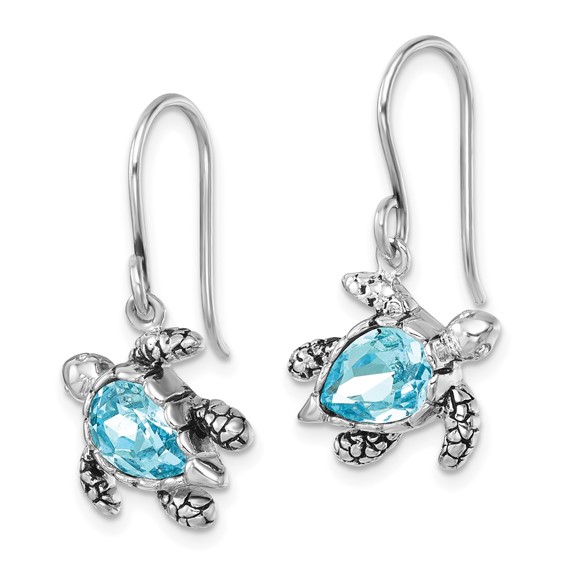 Sterling Silver Rhodium-plated Polished and Antiqued Blue Crystal Turtle Dangle Earrings