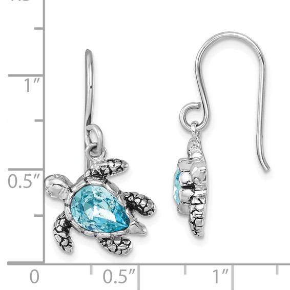 Sterling Silver Rhodium-plated Polished and Antiqued Blue Crystal Turtle Dangle Earrings