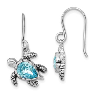 Sterling Silver Rhodium-plated Polished and Antiqued Blue Crystal Turtle Dangle Earrings