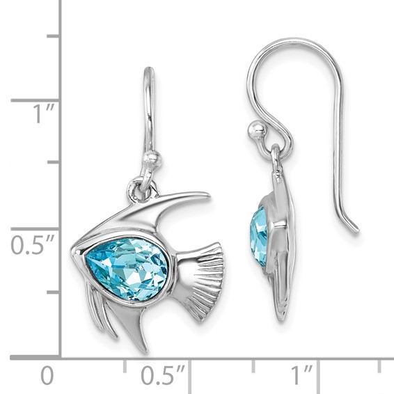 Sterling Silver Rhodium-plated Polished Blue Crystal Angel Fish Dangle Earr
