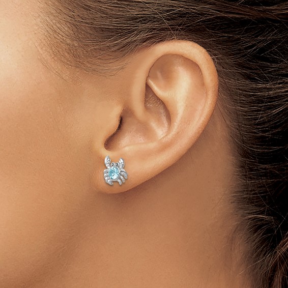 Sterling Silver Rhodium-plated Polished Blue Crystal Crab Post Earrings