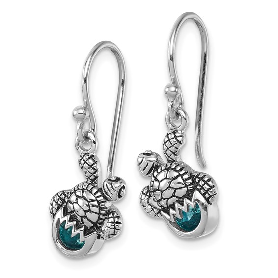 Sterling Silver Rhodium-Plated Antiqued Blue Crystal Hatching Turtle Dangle Earrings