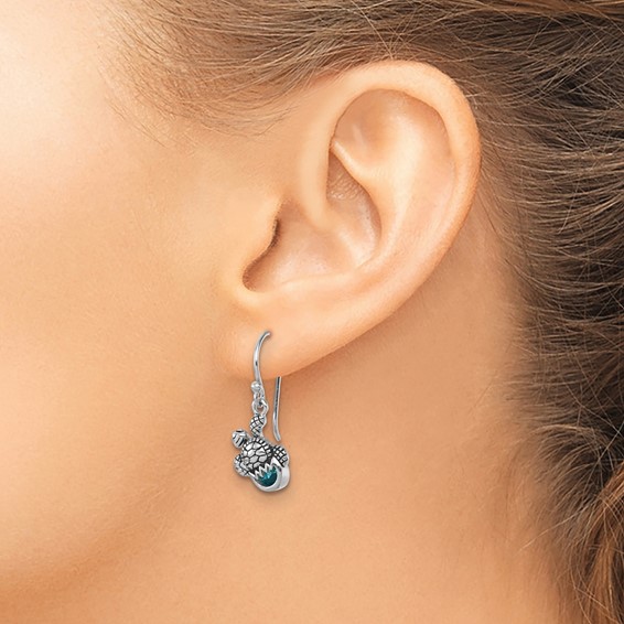 Sterling Silver Rhodium-Plated Antiqued Blue Crystal Hatching Turtle Dangle Earrings