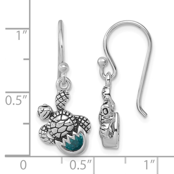 Sterling Silver Rhodium-Plated Antiqued Blue Crystal Hatching Turtle Dangle Earrings