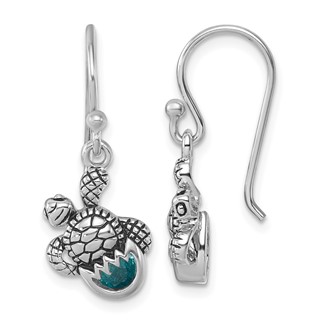 Sterling Silver Rhodium-Plated Antiqued Blue Crystal Hatching Turtle Dangle Earrings