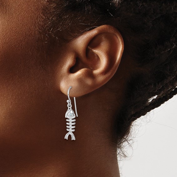 Sterling Silver Rhodium-plated Polished Crystal Eye Bonefish Dangle Earring