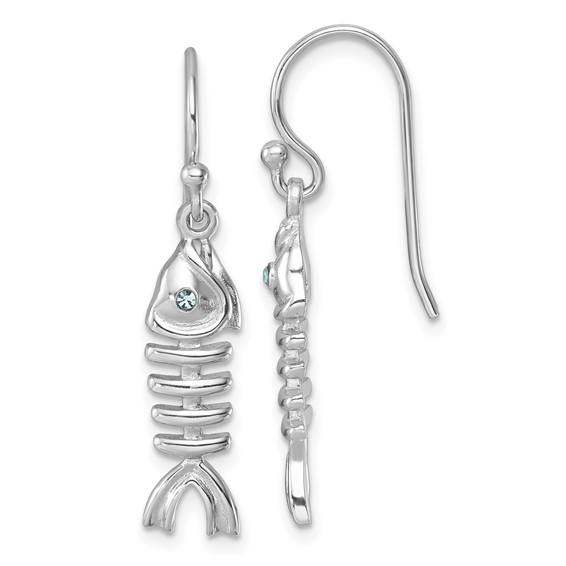 Sterling Silver Rhodium-plated Polished Crystal Eye Bonefish Dangle Earring