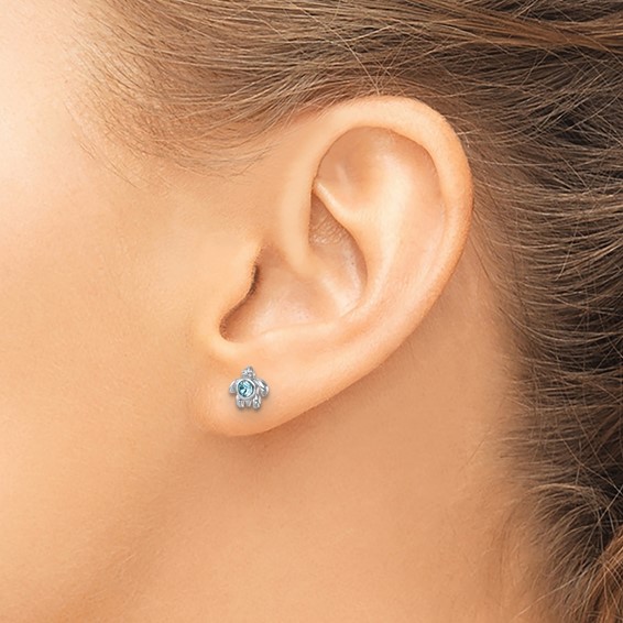 Sterling Silver Rhodium-Plated Polished Blue Crystal Inlay Tiny Turtle Post Earrings