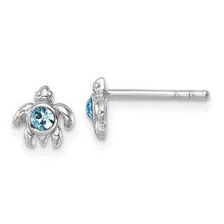 Sterling Silver Rhodium-Plated Polished Blue Crystal Inlay Tiny Turtle Post Earrings
