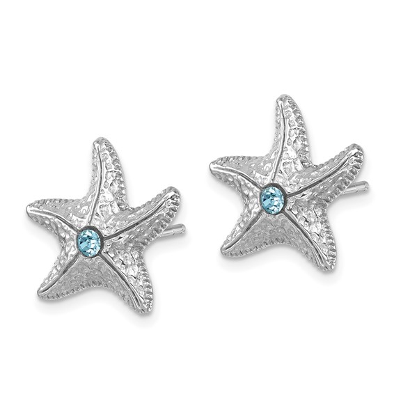 Sterling Silver Rhodium-Plated Polished and Textured Crystal Starfish Post Earrings
