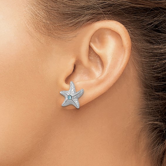 Sterling Silver Rhodium-Plated Polished and Textured Crystal Starfish Post Earrings