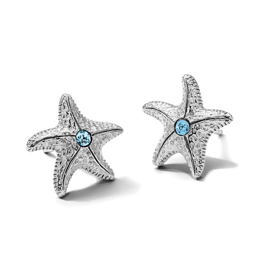 Sterling Silver Rhodium-Plated Polished and Textured Crystal Starfish Post Earrings