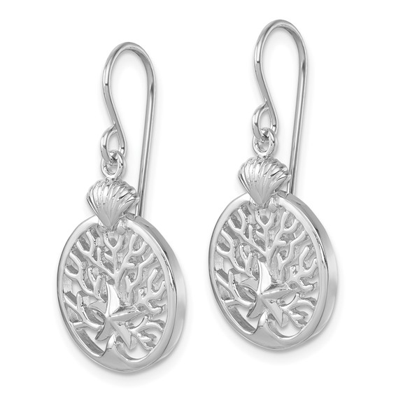 Sterling Silver Rhodium-plated Polished Starfish and Scallop Shell Reef Dangle Earring