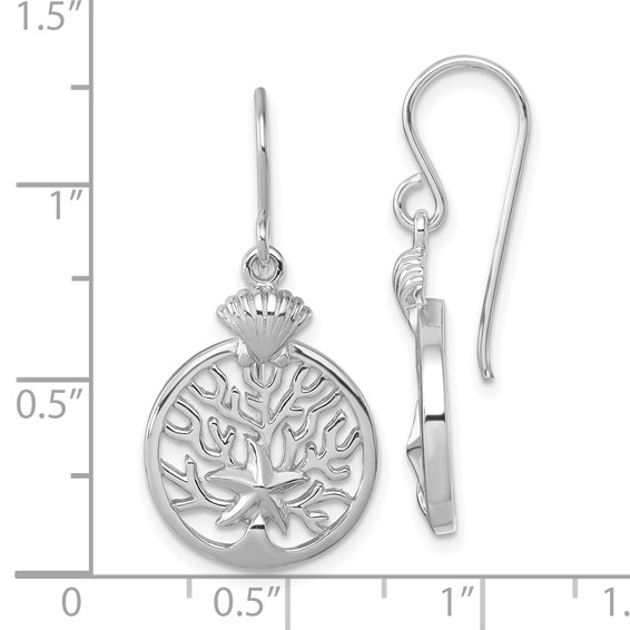 Sterling Silver Rhodium-plated Polished Starfish and Scallop Shell Reef Dangle Earring