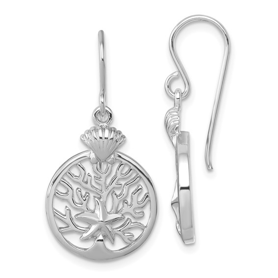 Sterling Silver Rhodium-plated Polished Starfish and Scallop Shell Reef Dangle Earring