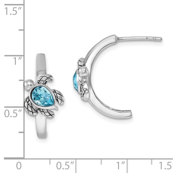 Sterling Silver Rhodium-plated Polished and Antiqued Blue Crystal Turtle J-Hoop Earrings