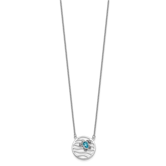 Sterling Silver Rhodium-plated Polished and Antiqued Blue Crystal Sliding Turtle 15.5 inch with a 2 inch extention Necklace
