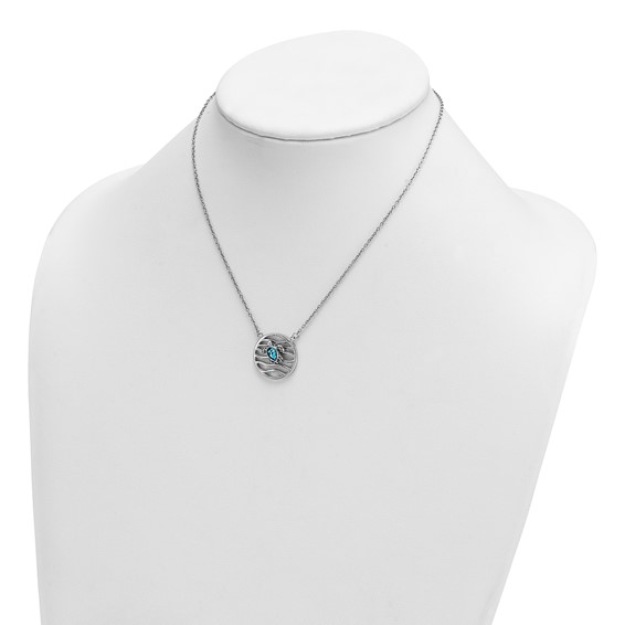 Sterling Silver Rhodium-plated Polished and Antiqued Blue Crystal Sliding Turtle 15.5 inch with a 2 inch extention Necklace