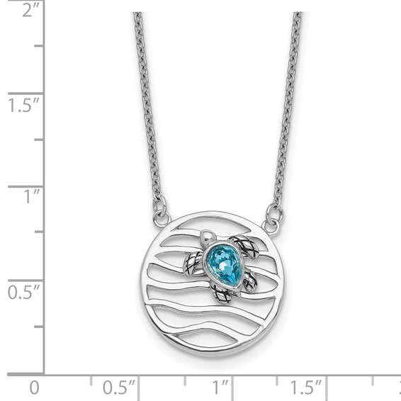 Sterling Silver Rhodium-plated Polished and Antiqued Blue Crystal Sliding Turtle 15.5 inch with a 2 inch extention Necklace