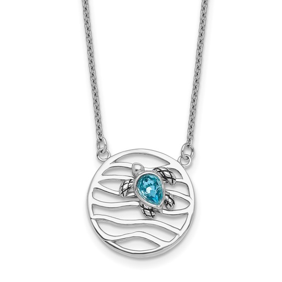 Sterling Silver Rhodium-plated Polished and Antiqued Blue Crystal Sliding Turtle 15.5 inch with a 2 inch extention Necklace