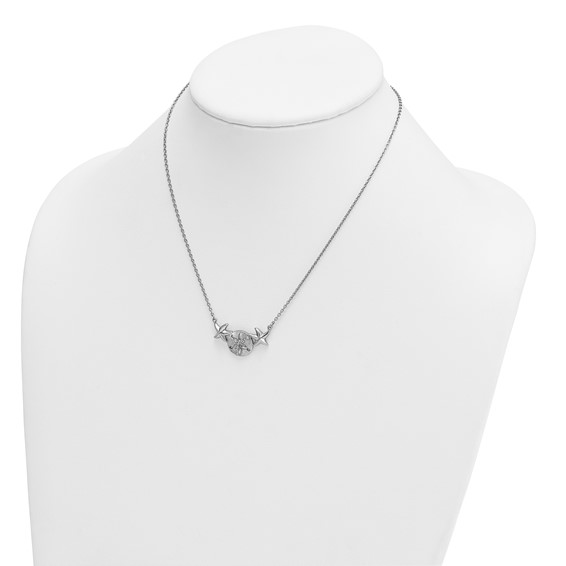 Sterling Silver Rhodium-Plated Polished Sand Dollar and Starfish 16.5 inch with a 2 inch extention Necklace