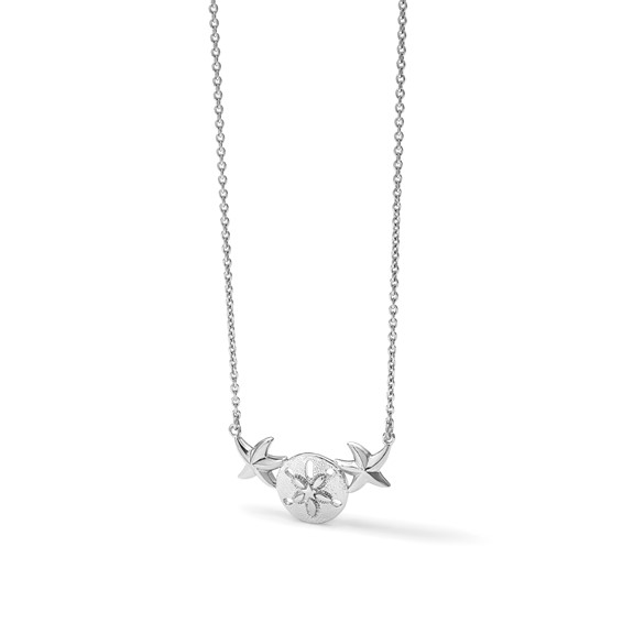 Sterling Silver Rhodium-Plated Polished Sand Dollar and Starfish 16.5 inch with a 2 inch extention Necklace