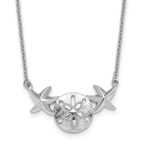 Sterling Silver Rhodium-Plated Polished Sand Dollar and Starfish 16.5 inch with a 2 inch extention Necklace
