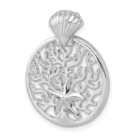 Sterling Silver Rhodium-plated Polished Starfish and Scallop Shell Reef Pendant