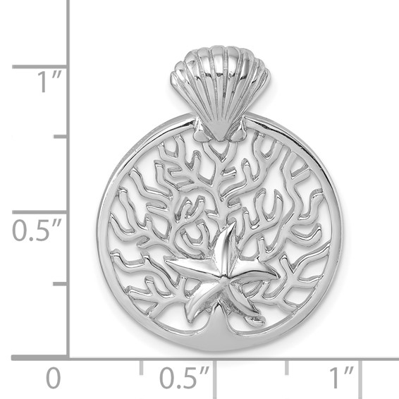 Sterling Silver Rhodium-plated Polished Starfish and Scallop Shell Reef Pendant