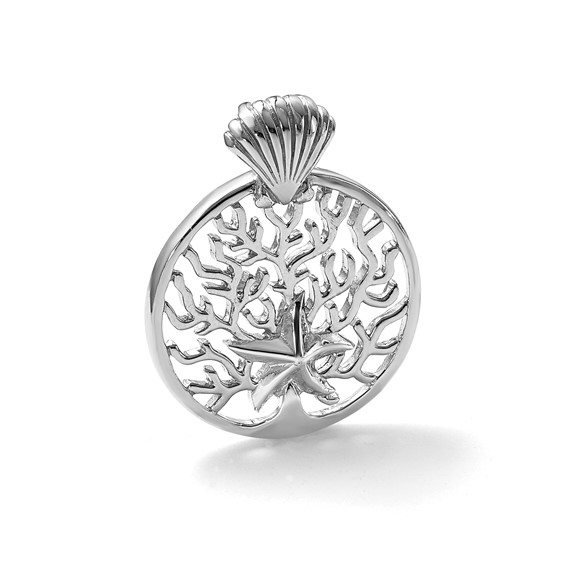 Sterling Silver Rhodium-plated Polished Starfish and Scallop Shell Reef Pendant